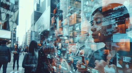 Mixed media of group of multinational people and digital technology concept. Management strategy. Human resources. Wide angle visual for banners or advertisements.