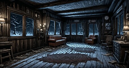 interior of abandoned ransacked cabin lodge in the mountains woods wilderness at night. old wood home in the wild dark arctic tundra.