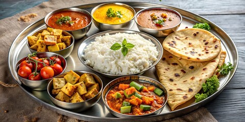 Traditional Indian thali with rice, chapati, paneer, mix vegetable, and raita , Indian, food, thali, traditional, rice