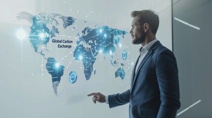 Man interacts with futuristic screen displaying a world map and "Global Carbon Exchange," indicating environmental data and carbon trading networks.