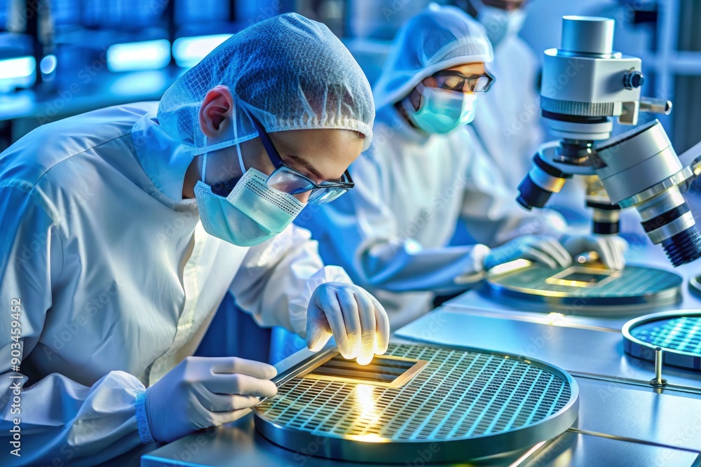 Poster microscopic components and intricate circuits on silicon wafers being assembled and inspected in a s
