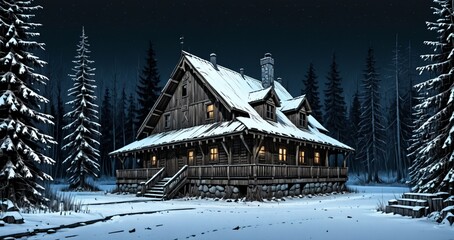 wooden cabin lodge home in the woodland forest mountains wilderness during night surrounded by pine trees and snow isolation. wood cottage in snowy winter.