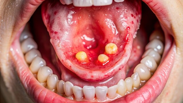 Macro shot of inflamed and infected tonsils with white patches and redness, showcasing symptoms of tonsillitis, a common childhood illness requiring medical attention.