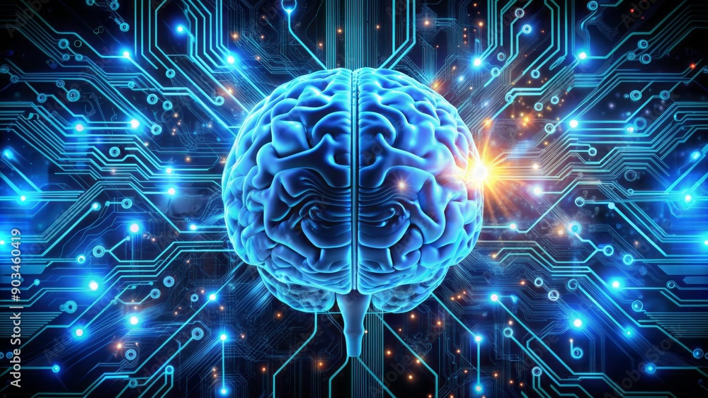 Poster futuristic robotic brain with glowing blue circuits and wires, symbolizing advanced technology and m