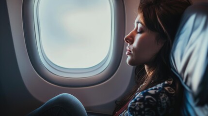 Fototapeta premium Woman resting on airplane, peaceful travel, calm flight 