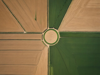an aerial view of a farm field showcasing a crop rotation pattern, with distinct sections of various crops and clear lines of division