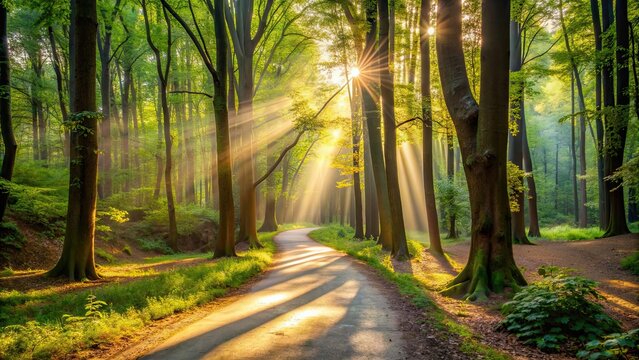 Sunlight filtering through trees onto a winding path in the woodlands , forest, nature, sunlight, trees, path, trail, peaceful