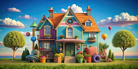 of a whimsical moving house, filled with colorful details and quirky features, casa andante,cute, fun, imagination