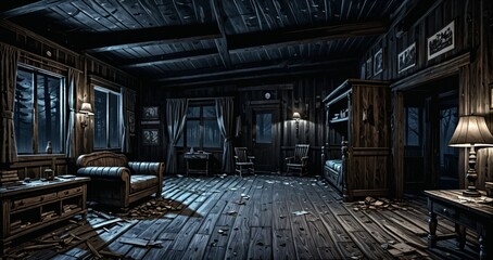 cabin house interior with view of the foggy hazy woodland forest woods in the morning. old abandoned post apocalyptic hallway living room corridor inside wood house. 