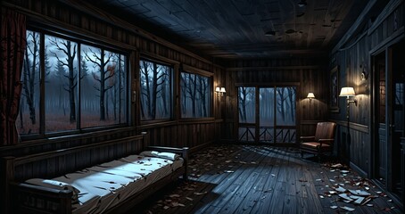 cabin house interior with view of the foggy hazy woodland forest woods in the morning. old abandoned post apocalyptic hallway living room corridor inside wood house. 