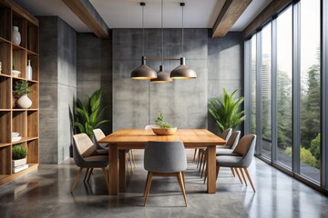 Sleek modern dining space features a large wooden table set against a gray concrete wall, surrounded by empty space and natural light pouring in.