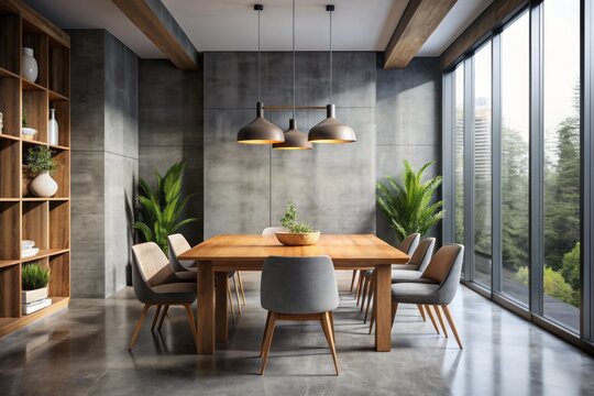 Sleek modern dining space features a large wooden table set against a gray concrete wall, surrounded by empty space and natural light pouring in.