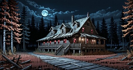 wooden log cabin lodge resort building exterior in the woods at night during autumn. abandoned town houses  in the woodland forest during a red fall.