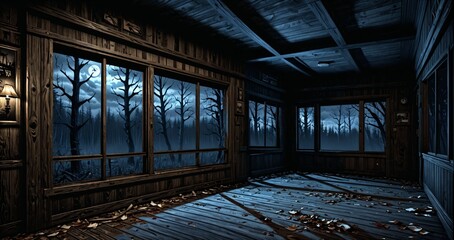 cabin house interior with view of the foggy hazy woodland forest woods in the morning. old abandoned post apocalyptic hallway living room corridor inside wood house. 
