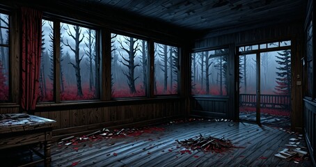 cabin house interior with view of the foggy hazy woodland forest woods in the morning. old abandoned post apocalyptic hallway living room corridor inside wood house. 