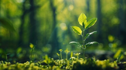 Naklejka premium A young plant with vibrant green leaves grows in a lush, sunlit forest, symbolizing new life and nature's resilience.