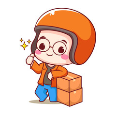 Cute Deliveryman Cartoon Vector. Man Courier Delivery Package Showing Thumb Up. People Profession concept design. Isolated white background. 