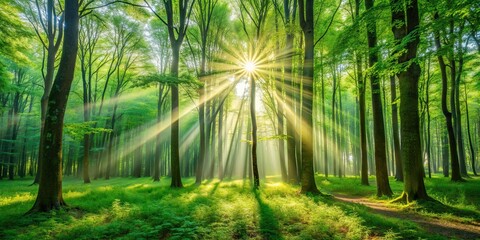 Naklejka premium Sun rays filtering through the trees in a lush green forest, sunlight, trees, nature, tranquil, serene, beautiful, scenery