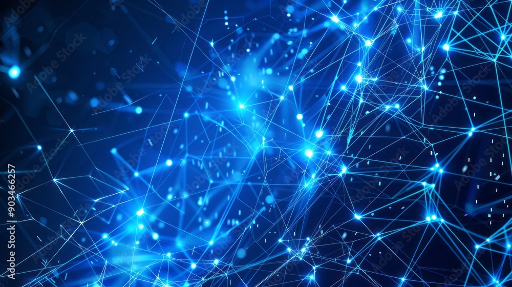 Poster abstract visualization of interconnected blue light nodes in a digital space