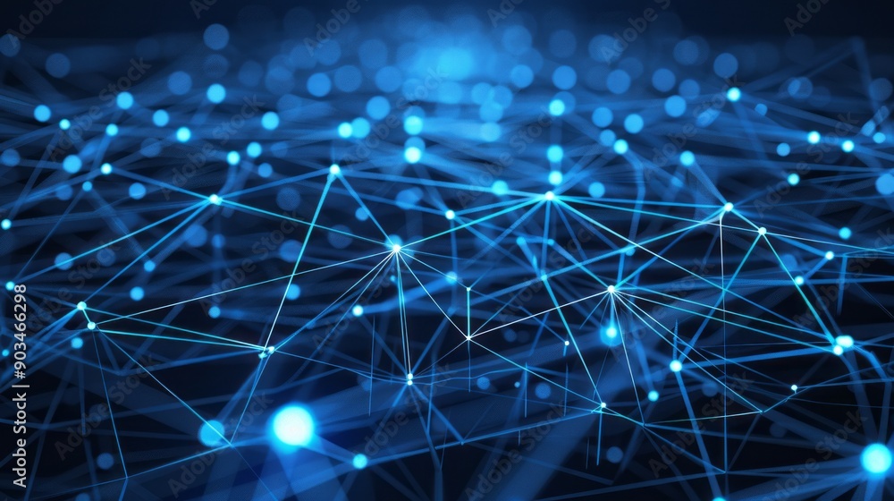 Poster connecting network nodes with glowing blue lines representing data flow in digital space