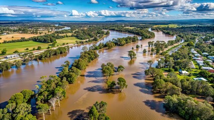 Fototapeta na wymiar Drone aerial view of flooding in the Nepean River, flood, Australia, natural disaster, aerial, drone, river