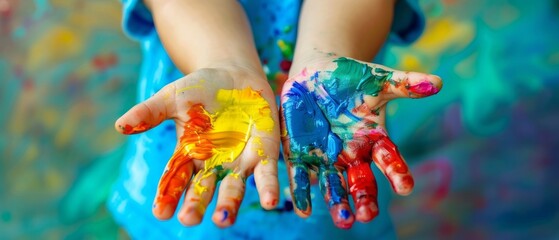 Obraz premium Young Child Displaying Artfully Painted Hands in Colorful Playful Environment