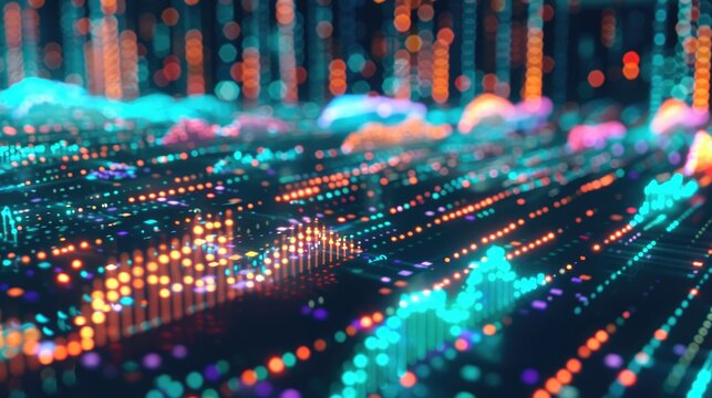 Digital data analysis with dynamic, glowing visuals