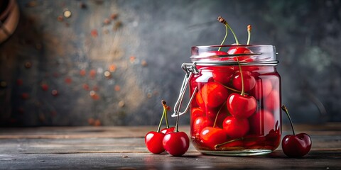 Decorative maraschino cherry in glass jar for cocktails, maraschino, cherry, cocktail, glass jar, decoration, garnish, fancy