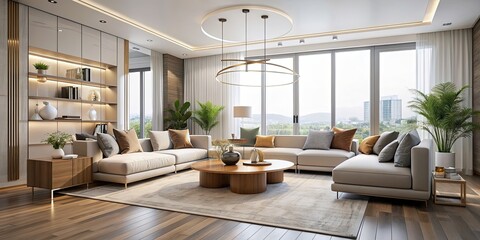 Light and bright minimalistic luxury living room with modern furnishings , luxury, living room, minimalistic, bright, light
