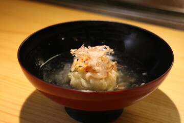 Japanese cuisine : Dashi soup (Stock soup) with Sakura shrimp in Kyoto, Japan