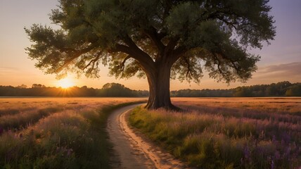 meadow landscape with trees and dirt road at sunset. generative ai