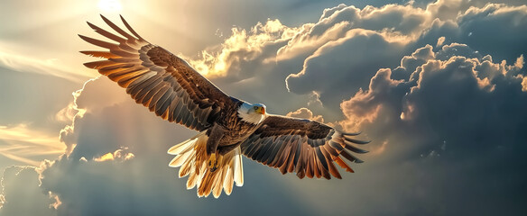 Obraz premium Eagle in Flight. A magnificent eagle in mid-flight, its wings sp