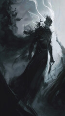 The image depicts a surreal, ghostly figure engulfed in shadows and mist. The figure has an otherworldly appearance with white, ethereal hair glowing against a dark background. The face of the entity 