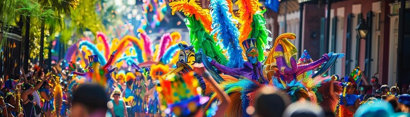 Festive Mardi Gras parade with colorful floats, masked performers, and a lively crowd, vibrant atmosphere