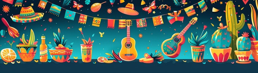 Festive Cinco de Mayo party with colorful decorations, lively music, and traditional food, energetic atmospherevector illustrations