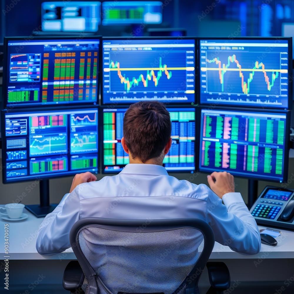 Aufkleber businessman analyzing financial data on multiple computer screens in a modern office setting, focusi