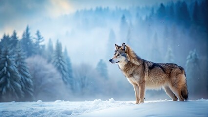 Obraz premium A lone wolf exploring a winter landscape covered in snow , wolf, snow, cold, wilderness, wildlife, predator, nature