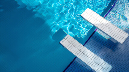 Top view, two white Olympic diving boards, and a blue swimming pool as the background, clean and simple