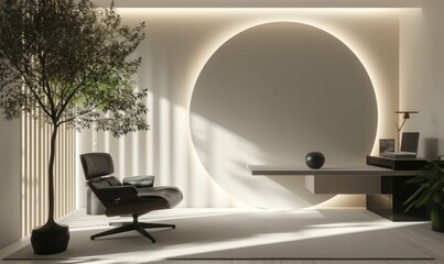 Workspace with a modern black cushion armchair near minimalist black desk and houseplant tree on geometric circle light wall backdrop