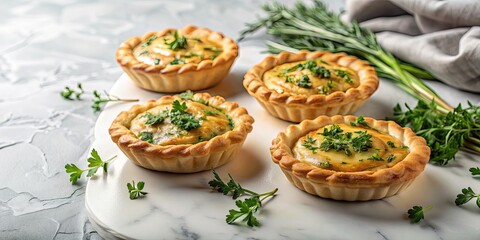 Fototapeta premium Golden echpochmak pies with fresh herbs on marble counter, Golden, echpochmak, pies, fresh, herbs, marble, counter