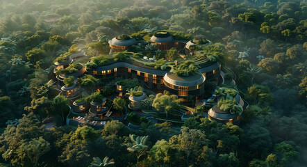 arafed house with a green roof surrounded by trees