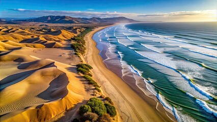 Aerial view of the sandy desert dunes of Pismo Beach overlooking the ocean , Pismo Beach, California, USA, aerial view, desert