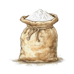 A rustic burlap sack filled with white flour, ideal for culinary, baking, and kitchen related imagery.