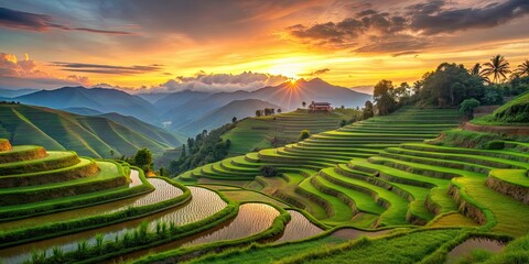 Naklejka premium Tranquil rice terraces surrounded by lush greenery at dusk, serenity, tranquility, rice paddies, agriculture, farm, rural