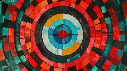 Abstract concentric circles of various colors and geometric shapes