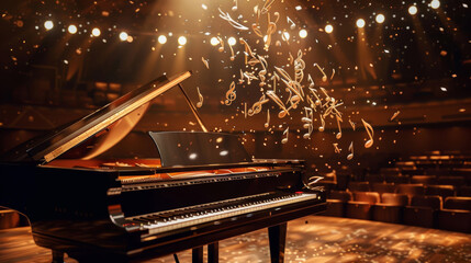 A grand piano on a stage, surrounded by musical notes in a spotlight, ready for an enchanting performance in an elegant concert hall.