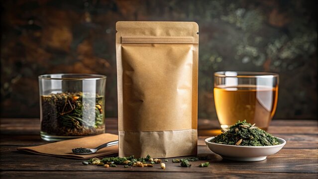 Organic tea packaging mockup with loose leaf tea and elegant branding, tea, packaging, mockup, organic, green, natural