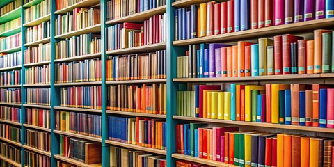 A close-up of rows of colorful books on shelves in a library, books, library, education, knowledge, reading, literature