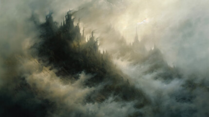 A mystical and ethereal scene depicting a haunting, fog-enveloped mountain range with what appear to be ancient, spire-like structures emerging from the mist. The structures are shadowy and indistinct