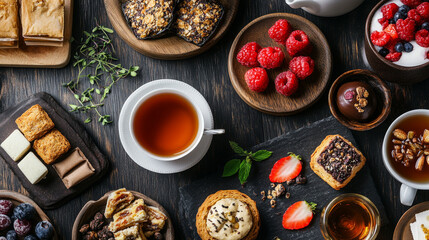 Show tea paired with various foods, such as pastries, biscuits, fruit, or savory snacks, illustrating the complementary flavors and enhancing the overall tea experience. 
